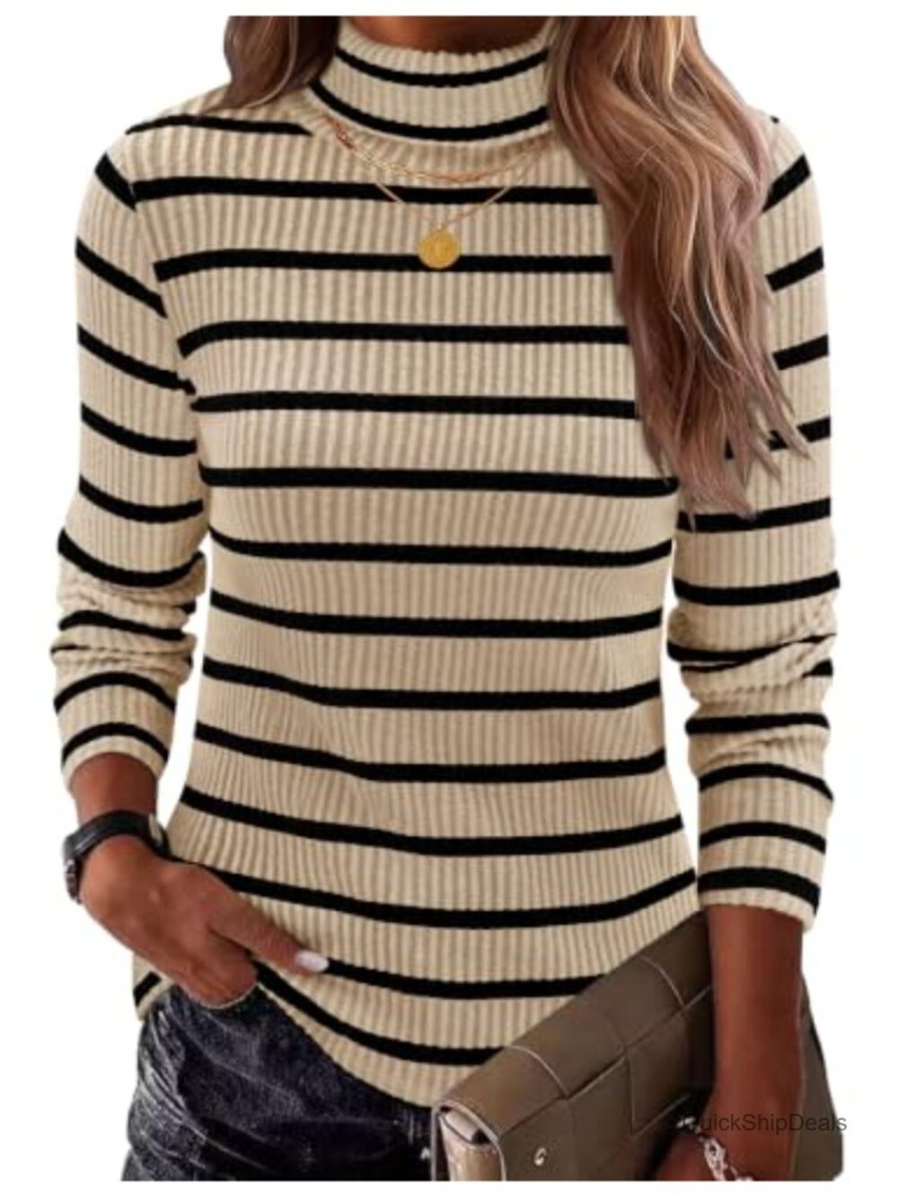 Ribbed Knit Turtleneck Long Sleeve Pullover Sweater Fitted Lightweight